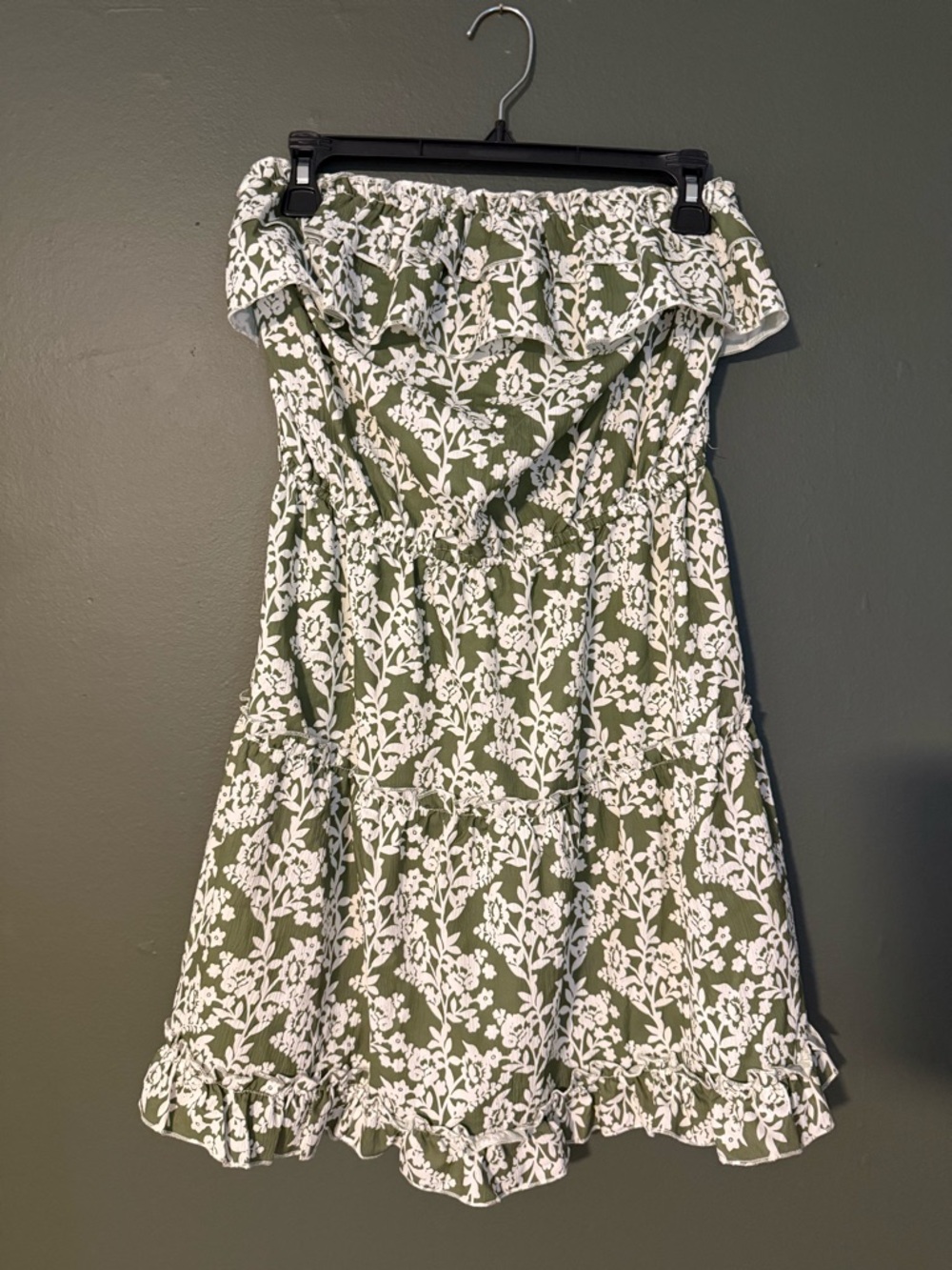 Olive Green Floral Strapless Ruffle Summer Dress